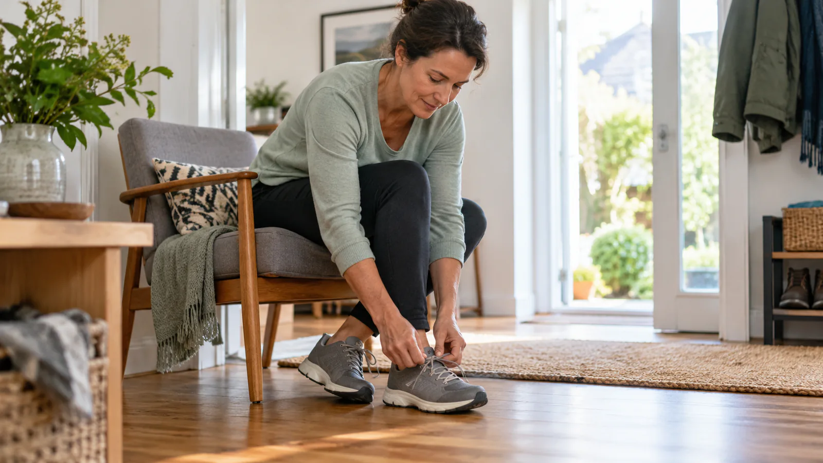 Una persona si allaccia le scarpe prima di uscire a camminare