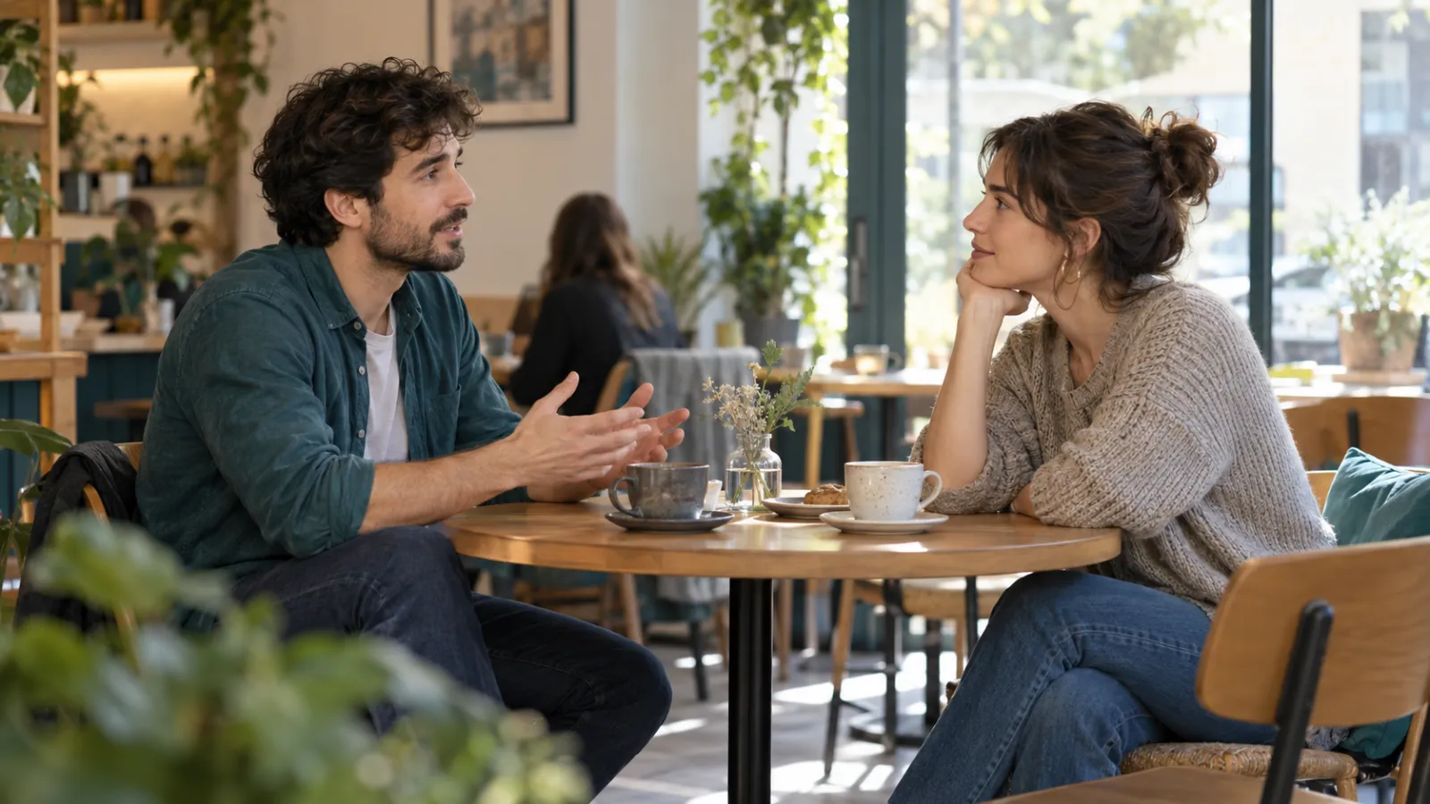 Dos personas adultas conversan en una cafetería luminosa.