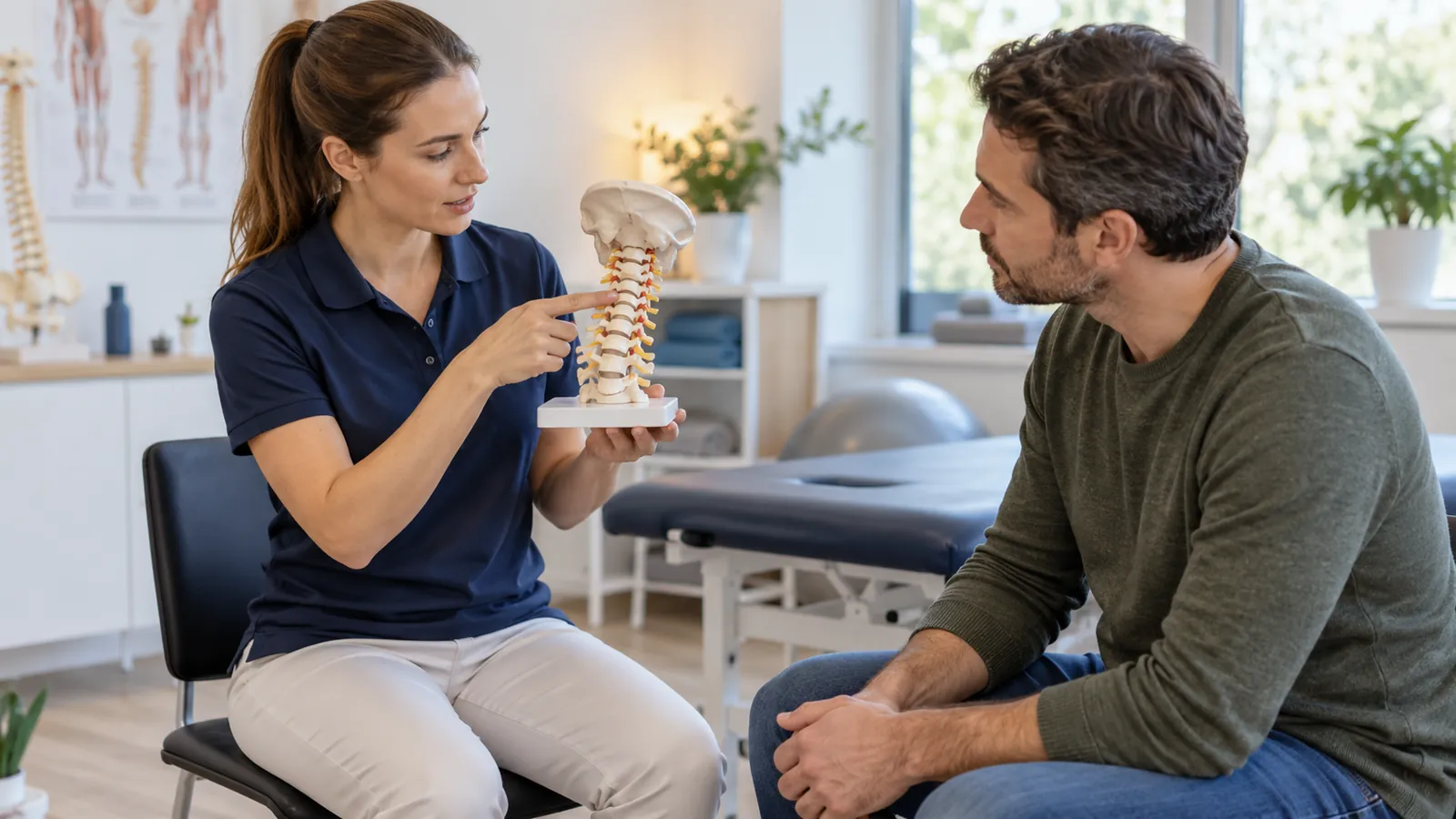 Un fisioterapista spiega la zona cervicale a un paziente con un modello anatomico