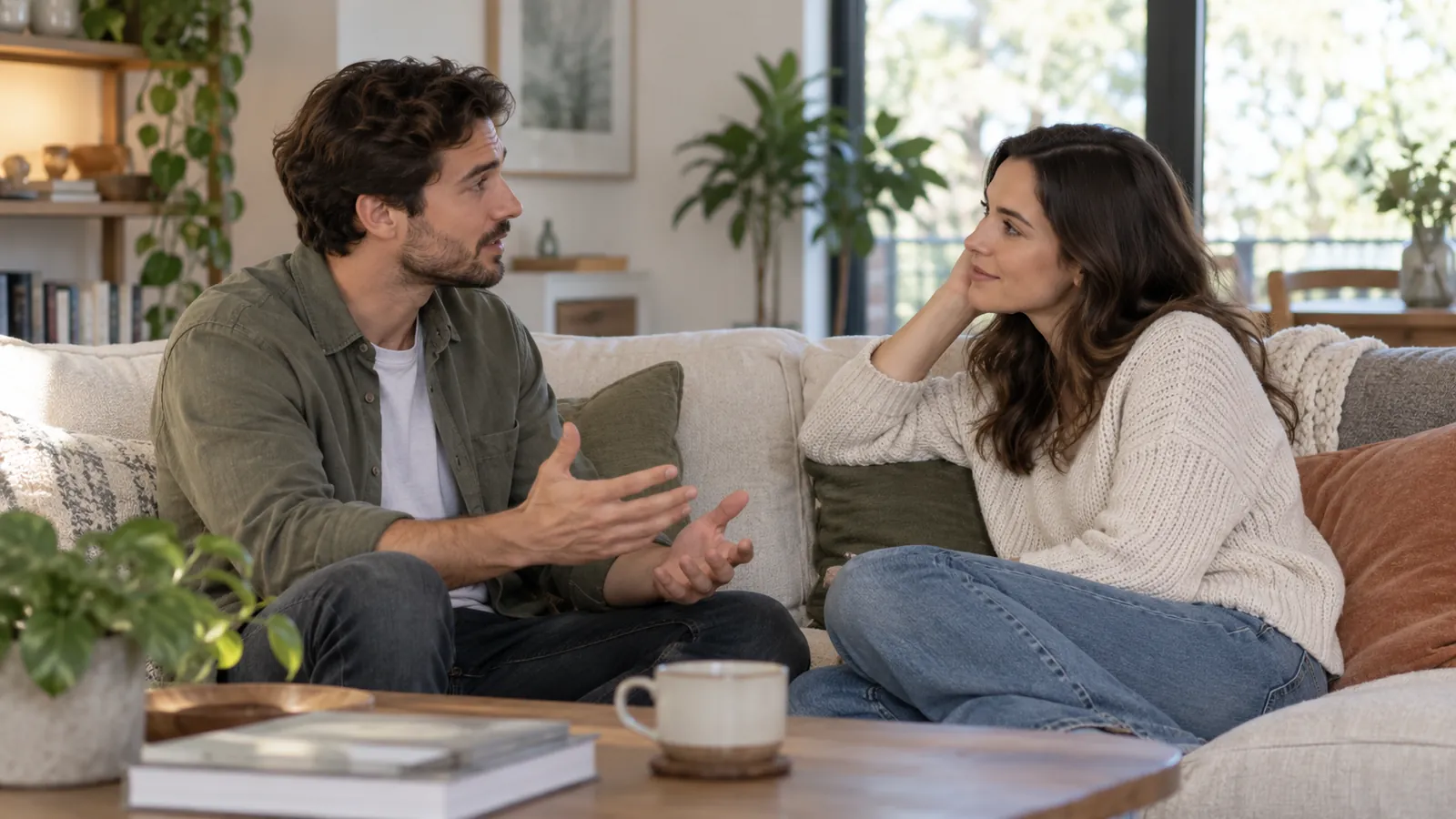 Una coppia seduta sul divano: l’uomo parla e la donna ascolta