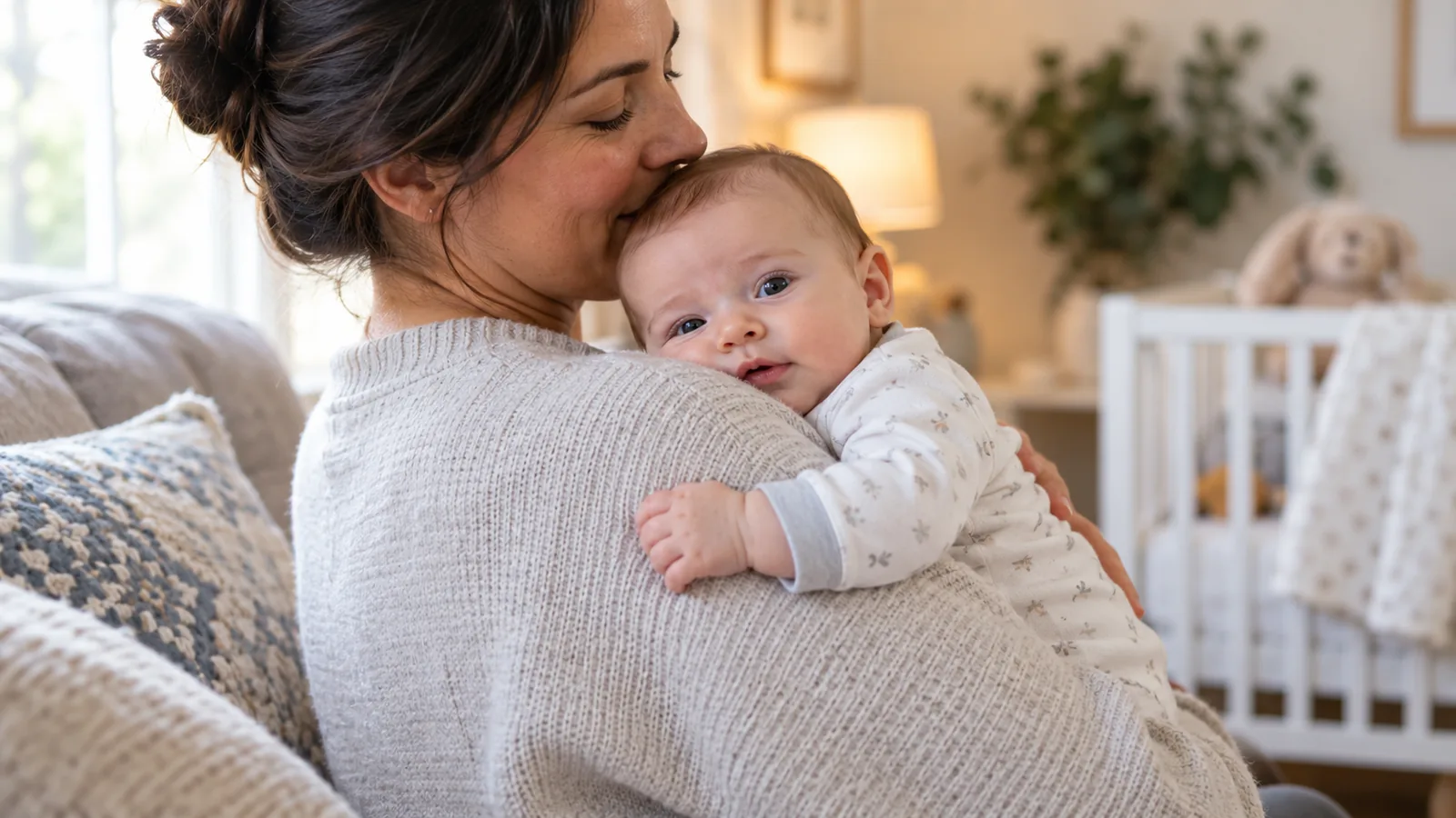 Um adulto segura em casa um bebê em posição vertical, junto ao peito