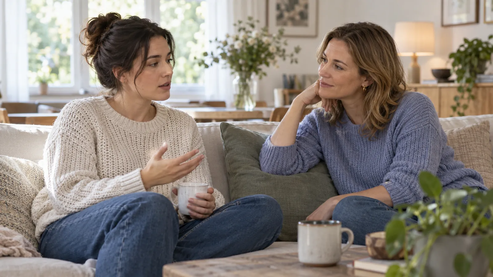Due donne parlano sedute sul divano di casa