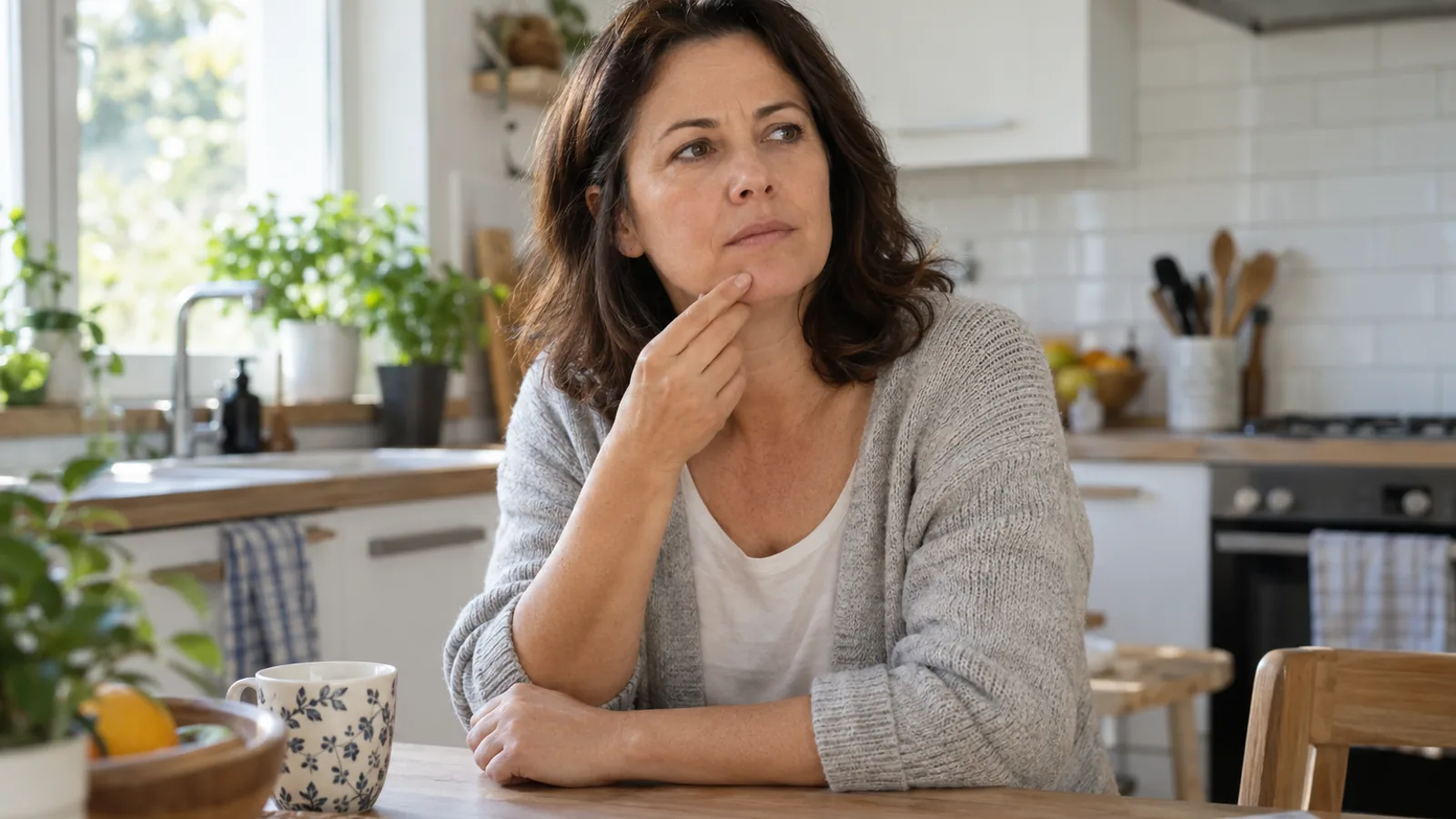 Una donna seduta in cucina con la mano sotto il mento e lo sguardo pensieroso
