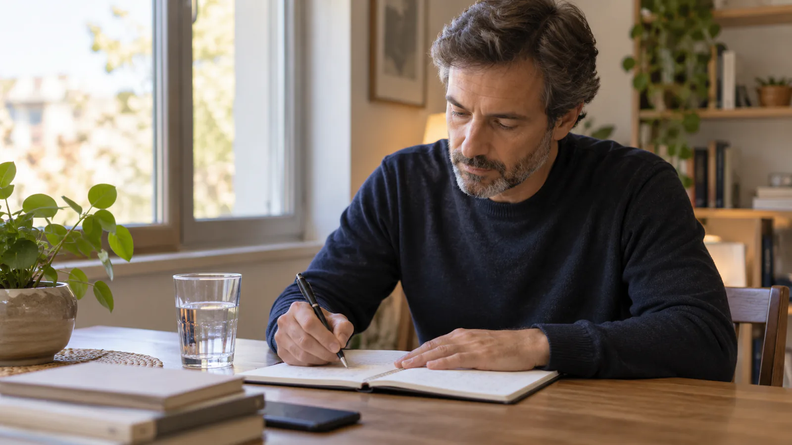 Un hombre adulto anota en un cuaderno cuándo nota fatiga vocal.