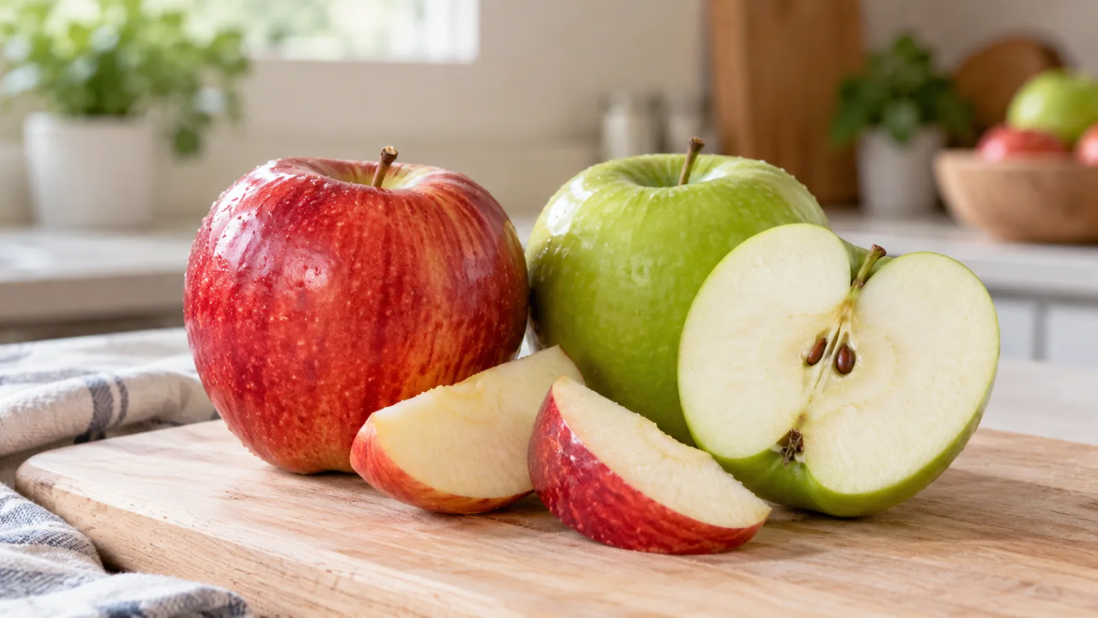 Manzanas rojas y verdes, una entera y otra cortada sobre una tabla.