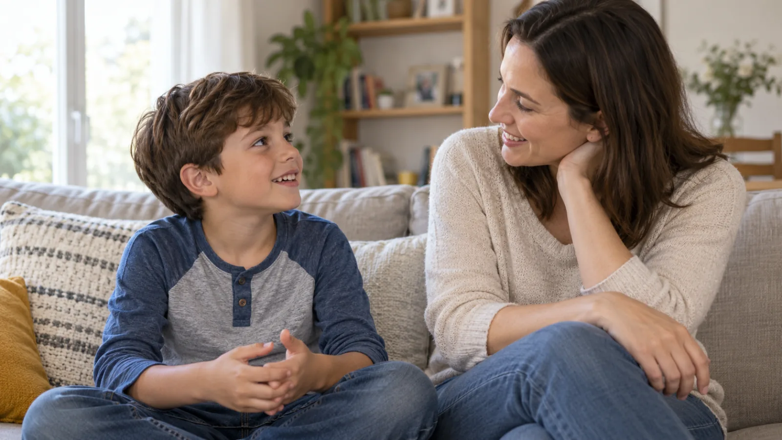 Una madre parla sorridendo con il figlio seduti sul divano di casa
