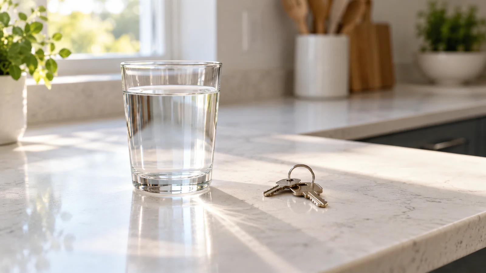 Un bicchiere d’acqua e delle chiavi sul piano di una cucina luminosa