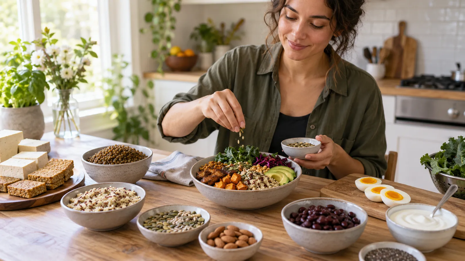 Una donna compone una ciotola con legumi, cereali e verdure, con uova, yogurt e tofu sul tavolo