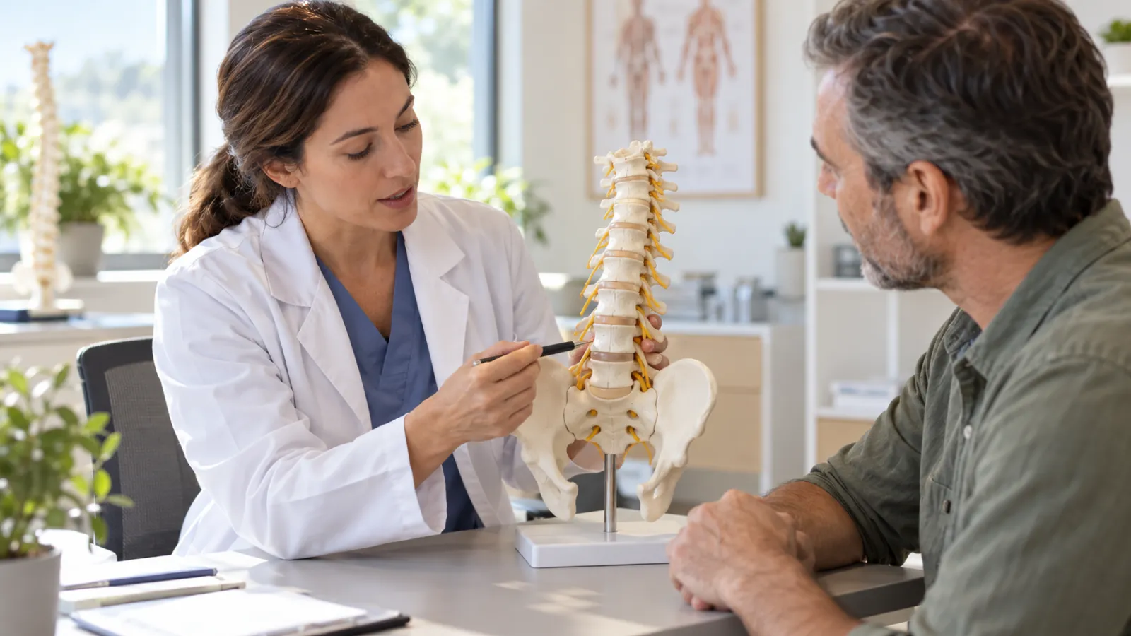 Una profesional explica las vértebras lumbares con una maqueta de columna.