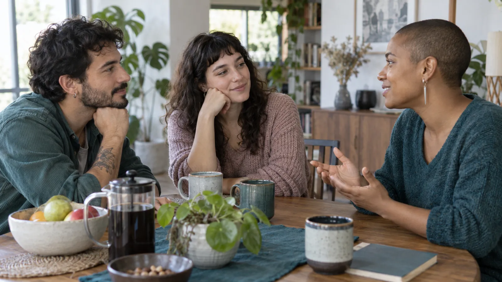 Tres personas adultas conversan en un comedor luminoso.