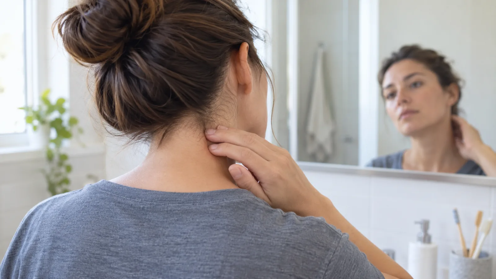 Vrouw voelt met haar vingers aan de achterkant van haar nek en kijkt in de spiegel