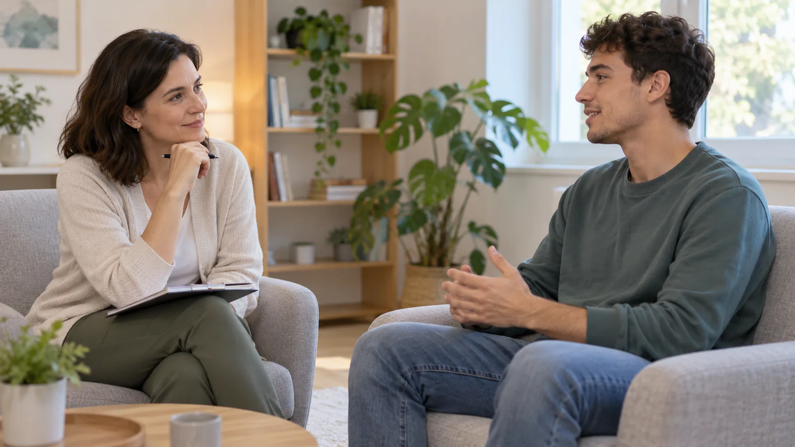 Un ragazzo parla con una logopedista seduti in uno studio luminoso