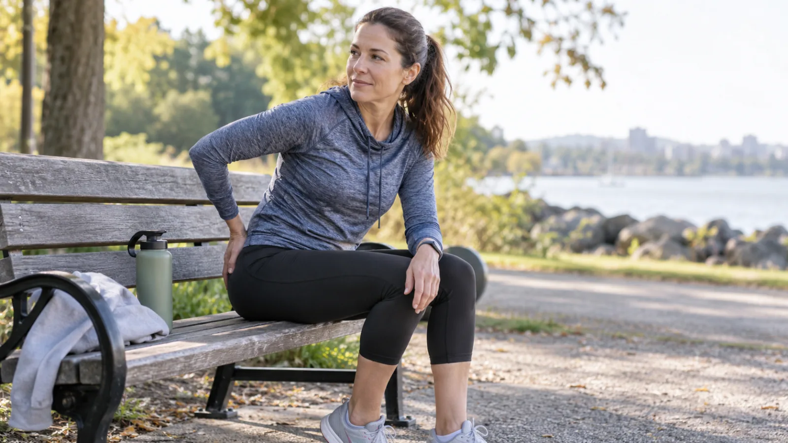 Una donna in abbigliamento sportivo seduta su una panchina si tocca il gluteo