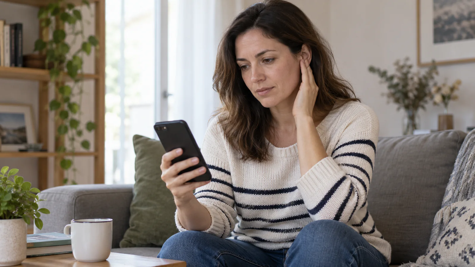 Kvinne som sitter i en sofa med hånden mot øret og en mobiltelefon i den andre hånden