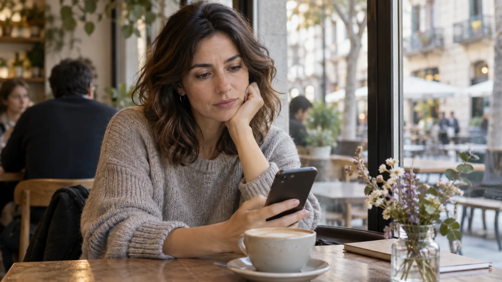 Una donna seduta al tavolo di un bar guarda il telefono con espressione preoccupata