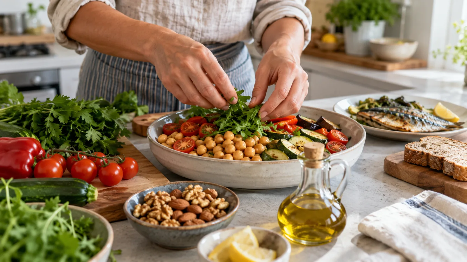 Mani che preparano un piatto di verdure fresche e legumi in cucina