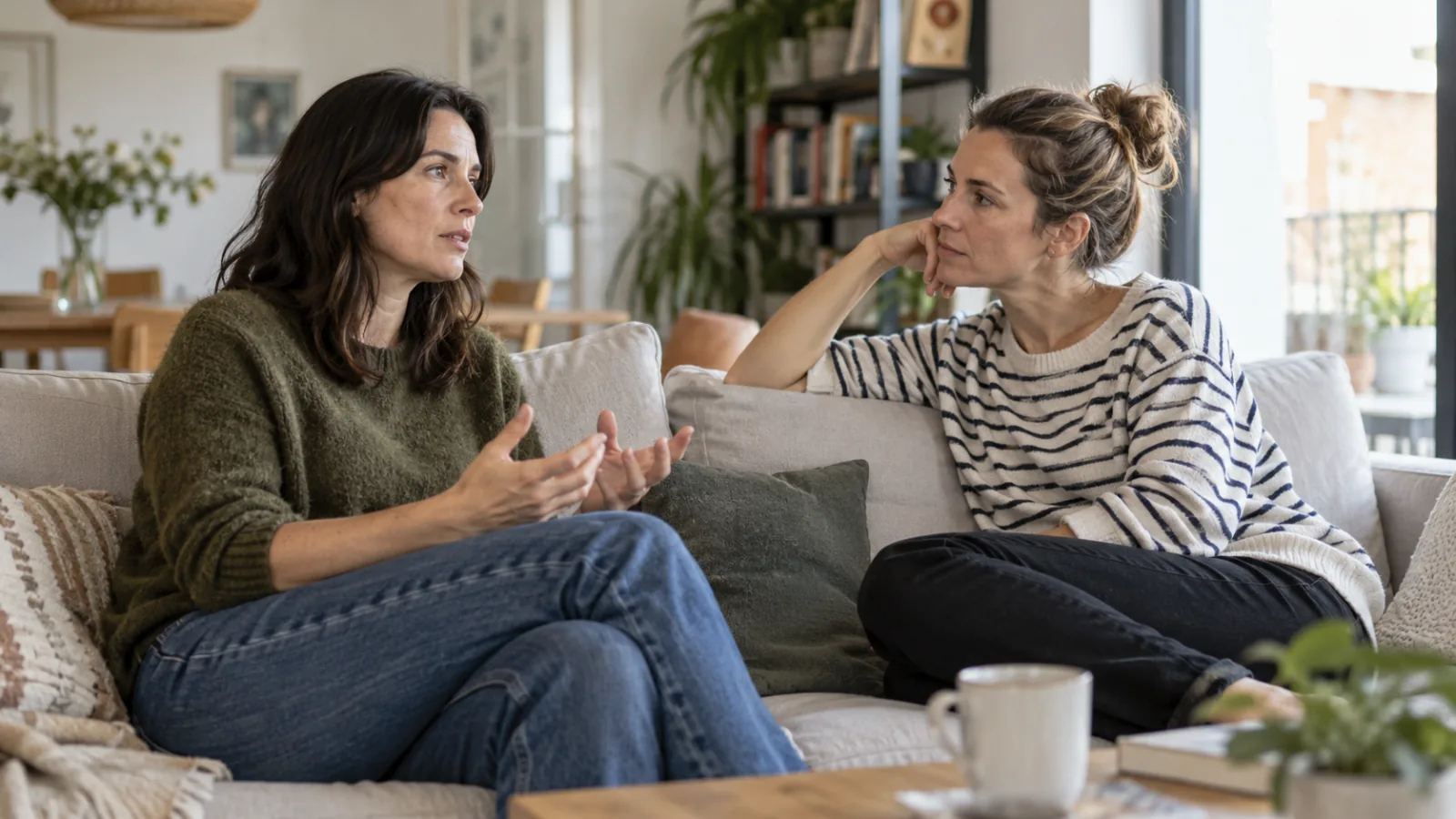 Dos mujeres adultas conversan con calma en un sofá, una habla y la otra escucha.