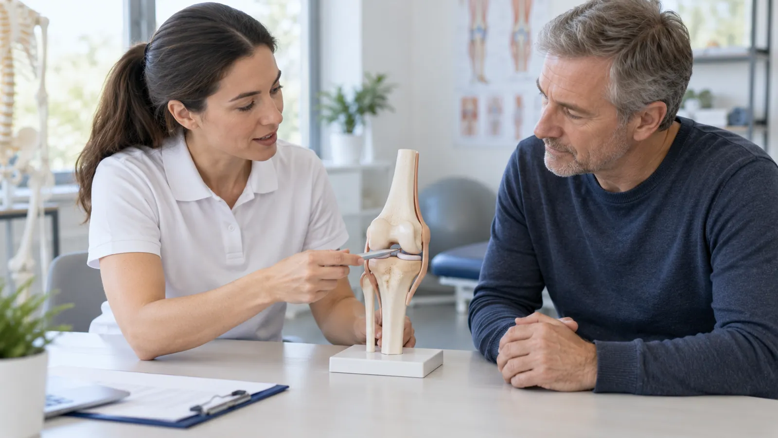 Una fisioterapista accompagna una paziente durante un esercizio di equilibrio in piedi