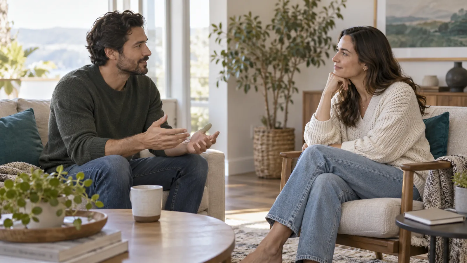 Dos personas adultas conversan con atención en un espacio doméstico.