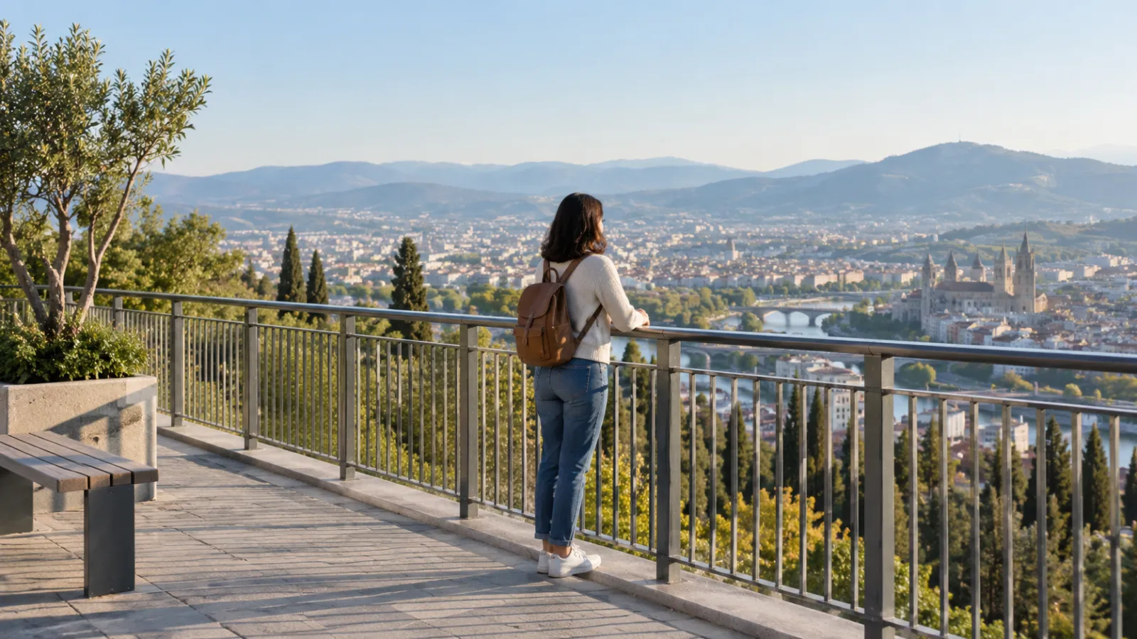 Una persona con lo zaino guarda il panorama della città da una terrazza panoramica