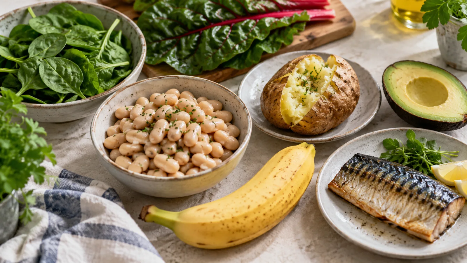 Bord med bønner, spinat, banan, avocado, makrel og bagt kartoffel