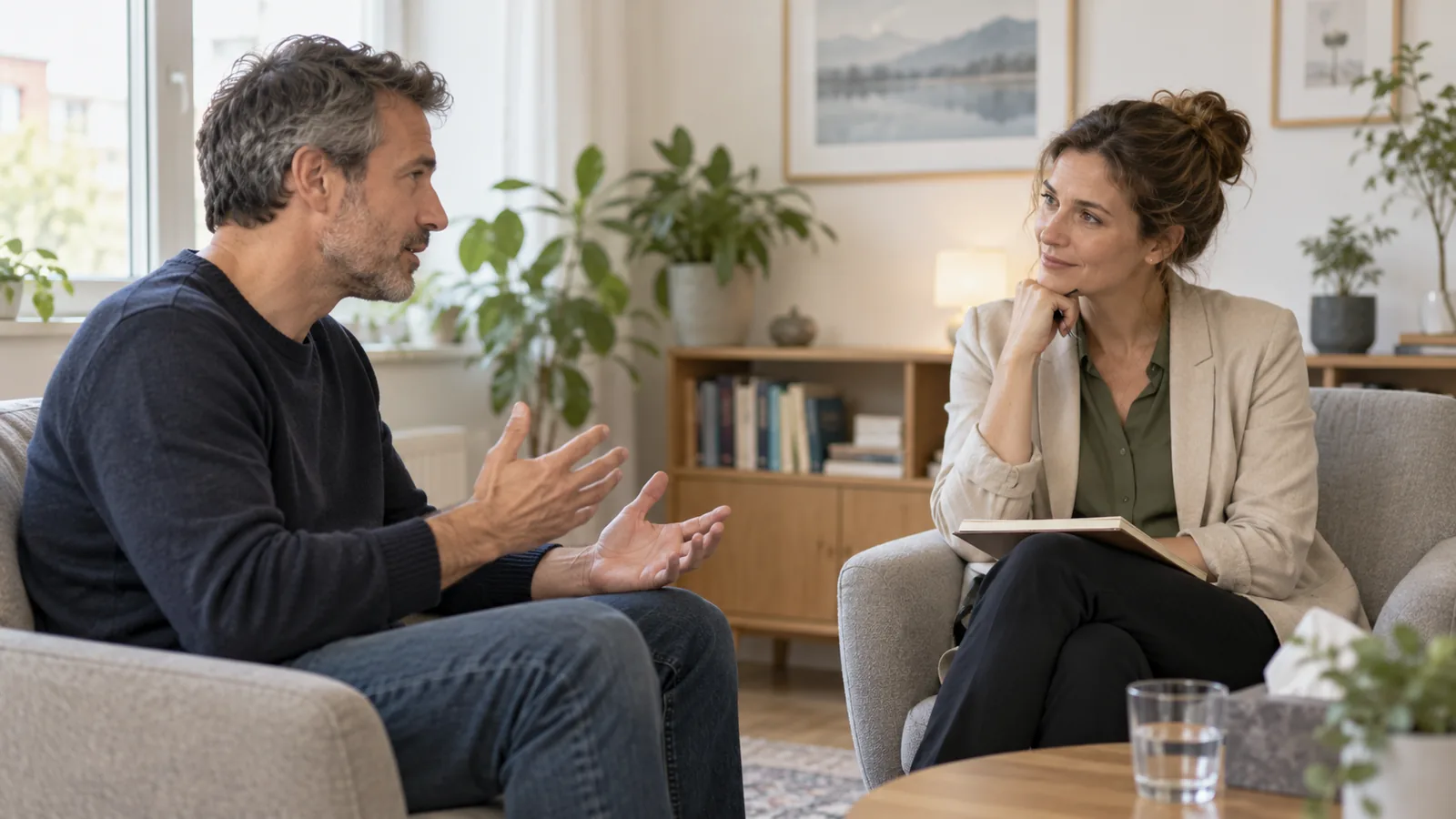 Gesprek met een psycholoog in een lichte spreekkamer