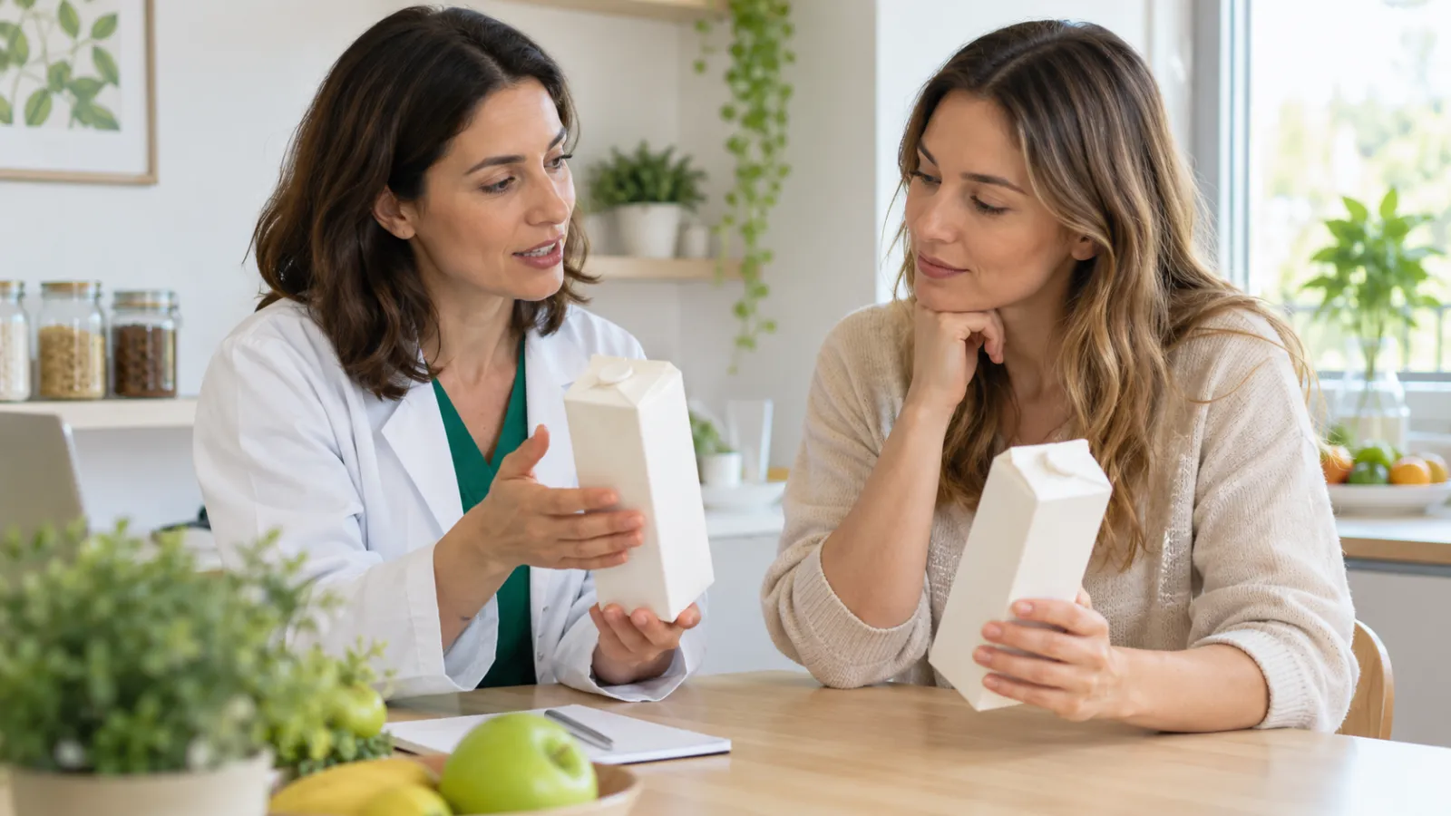 Una nutricionista y una persona adulta comparan envases sin marca.