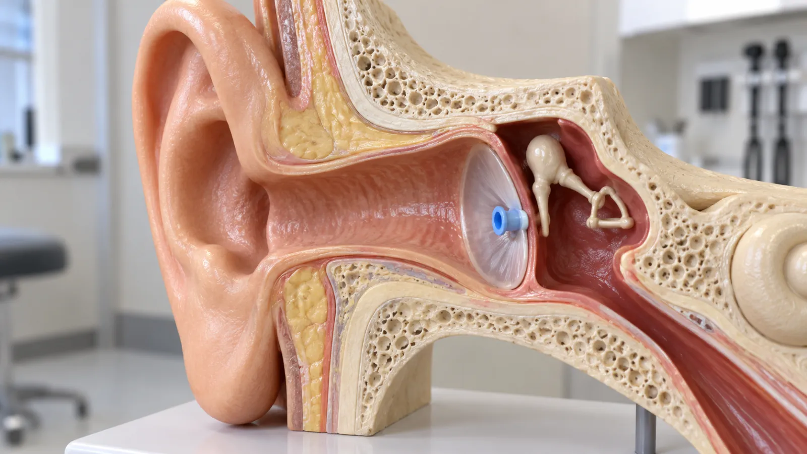 Un modello anatomico dell’orecchio con condotto uditivo, timpano e ossicini