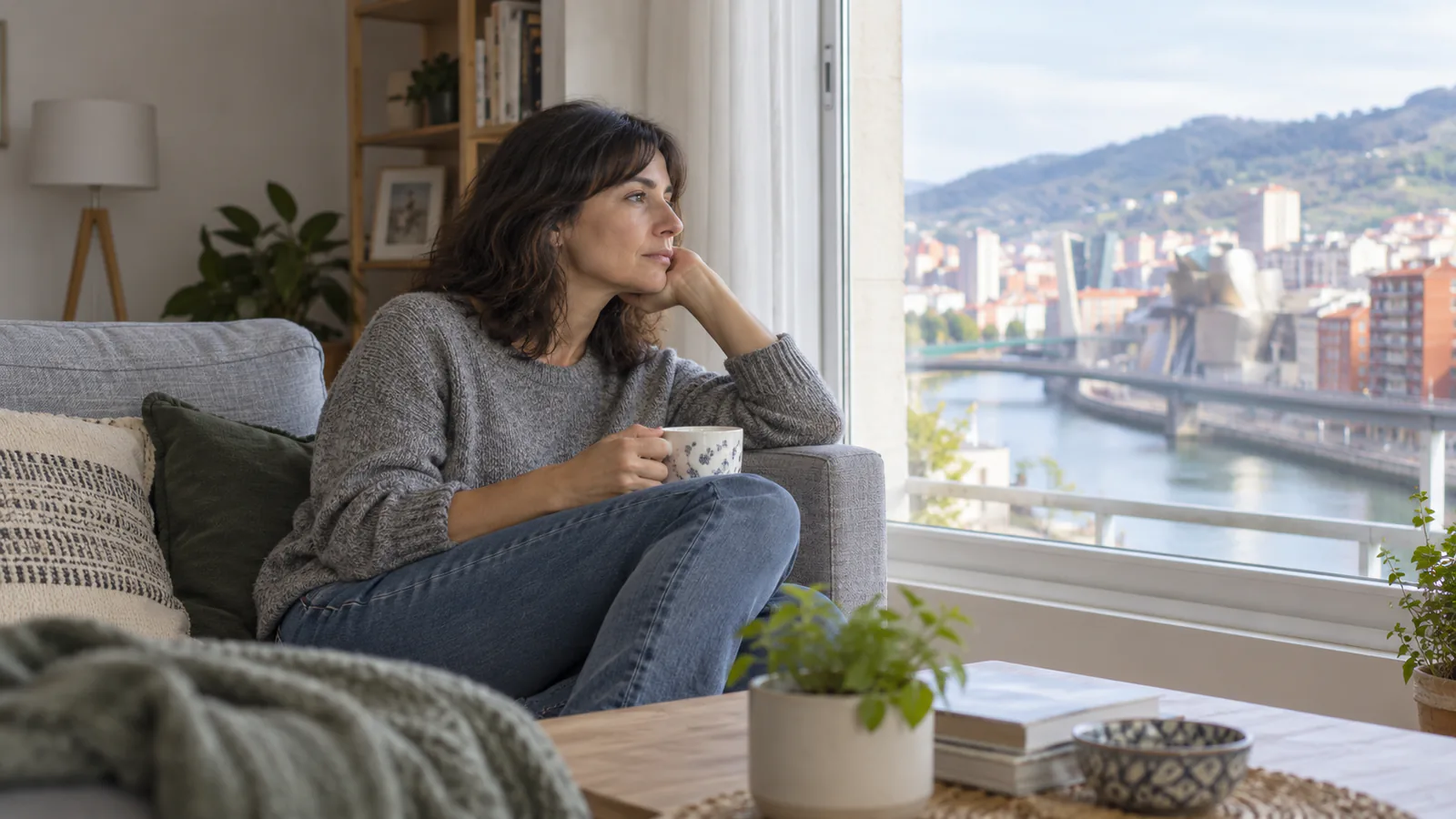 Una persona adulta descansa junto a una ventana en casa mientras reflexiona tras un cambio vital.