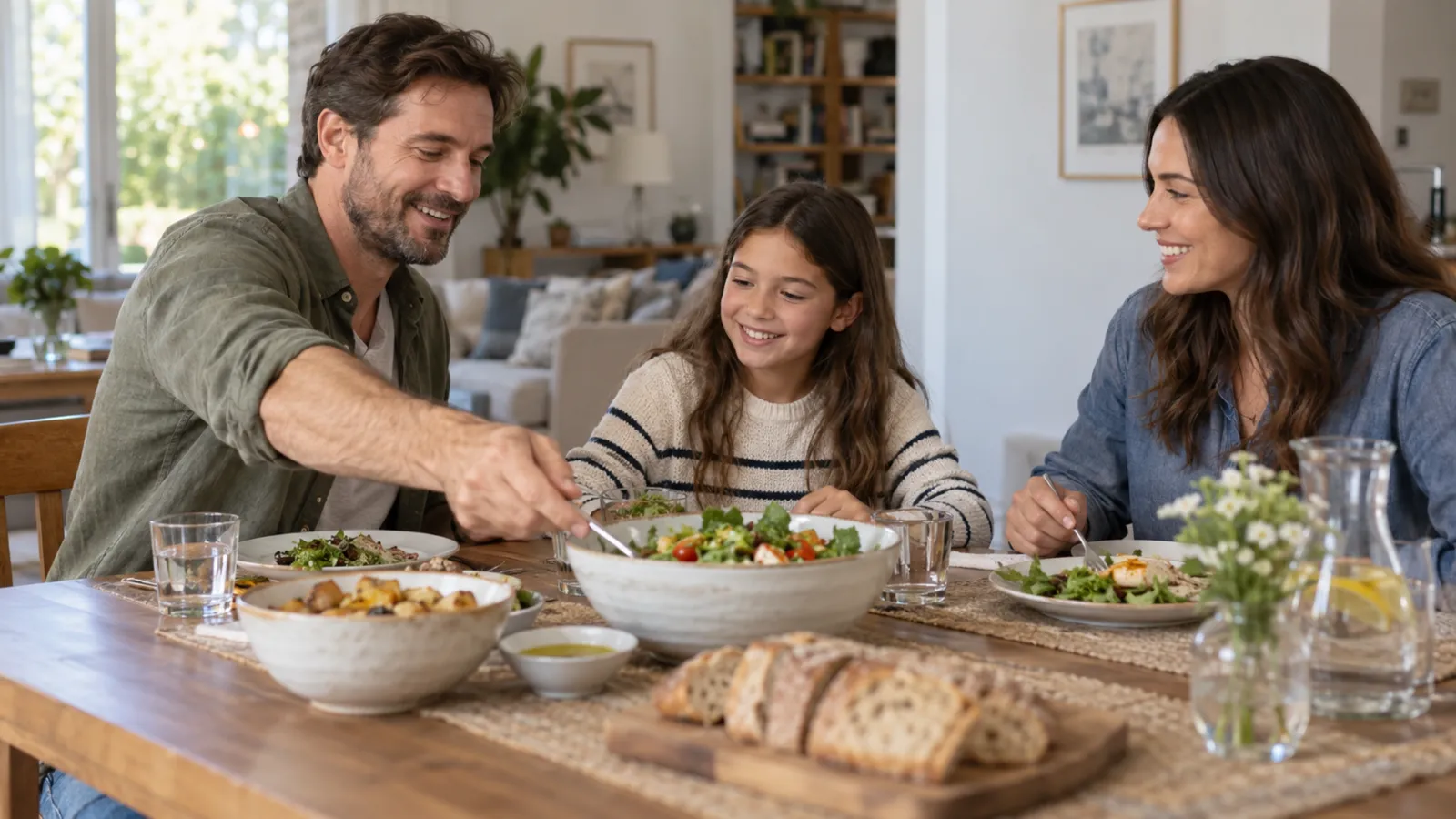 Una persona adulta se sienta a comer con familiares en casa.