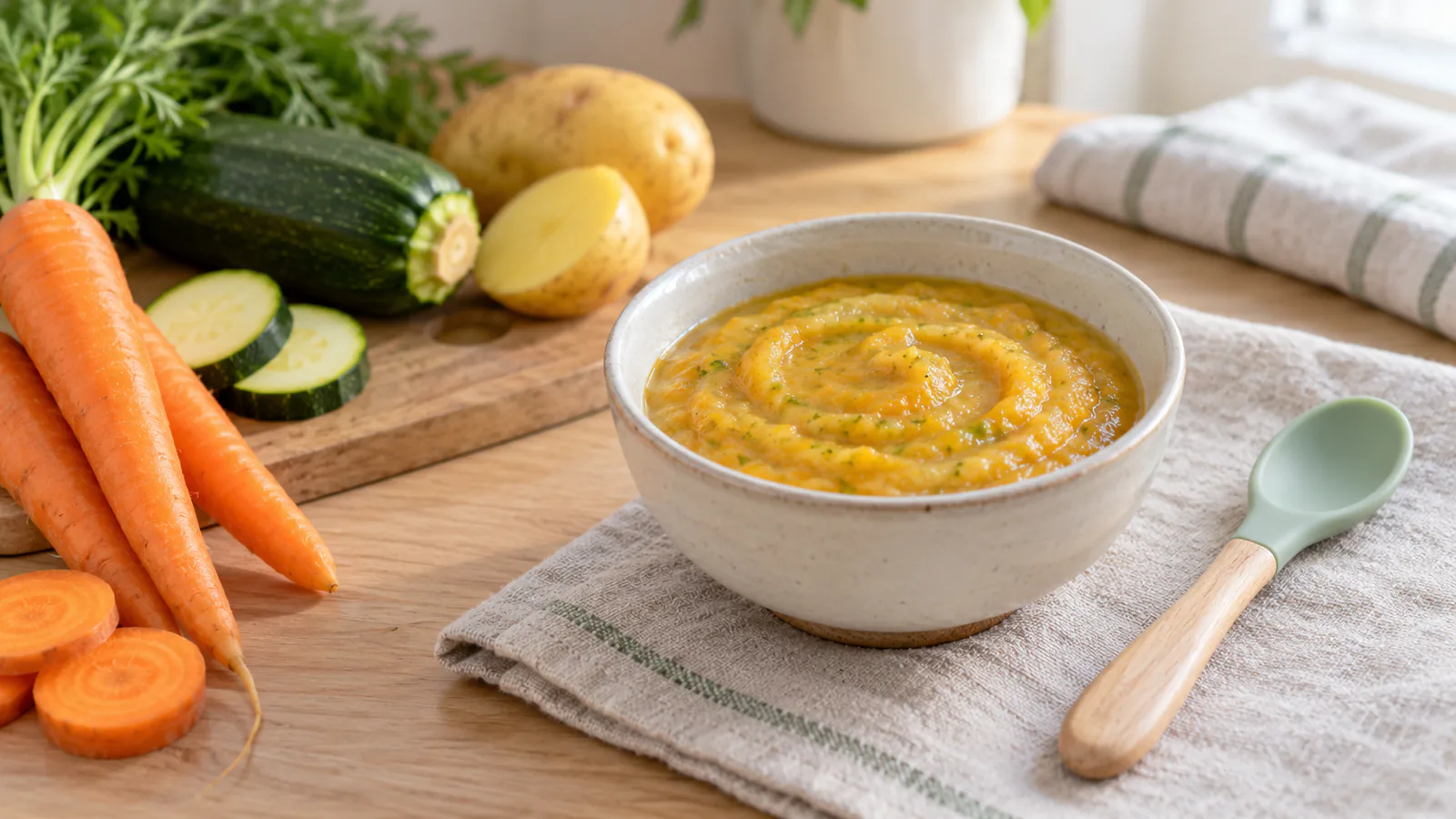 Cuenco de papilla de verduras con zanahoria y calabacín, acompañado de ingredientes frescos y una cuchara infantil.