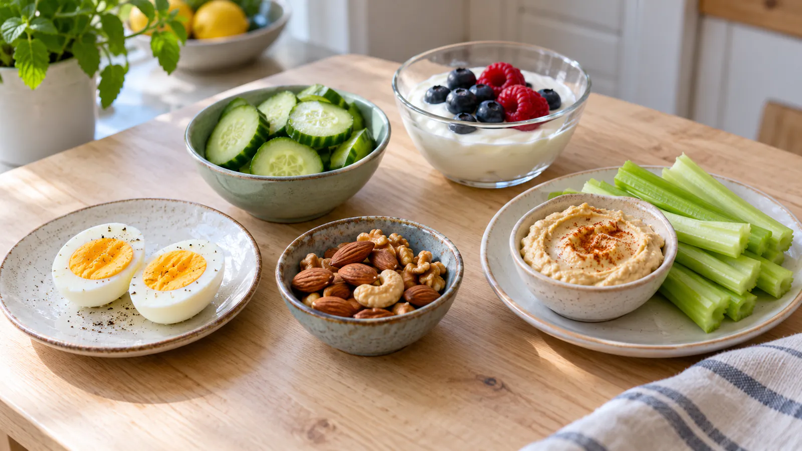 Jajka, orzechy, ogórek i hummus na stole