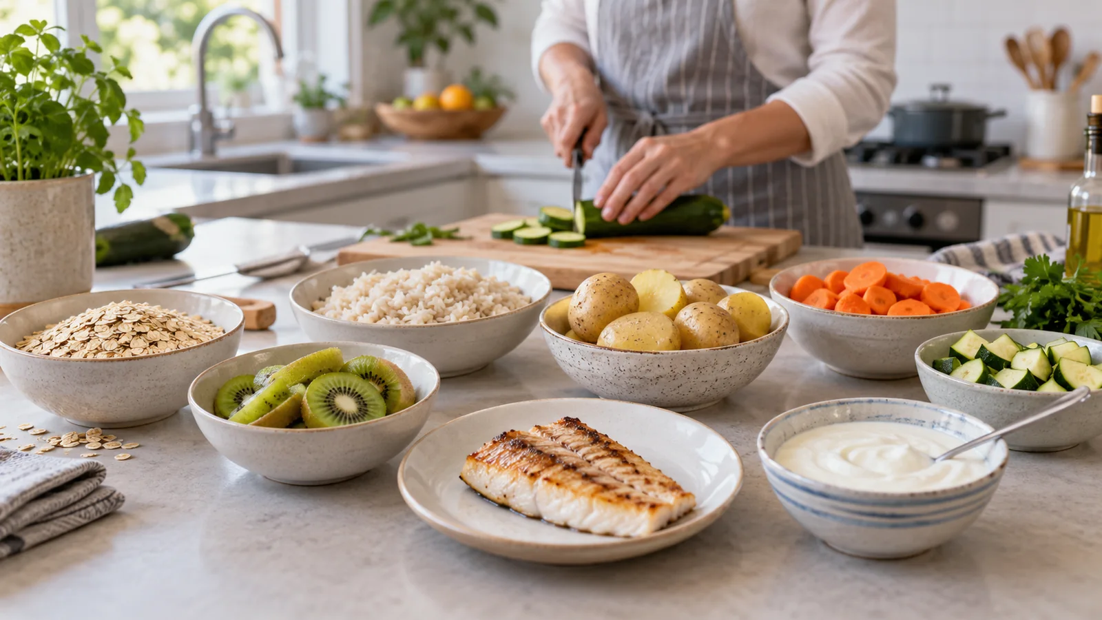 Avena, riso, patate, kiwi, verdure cotte, yogurt e pesce pronti da cucinare