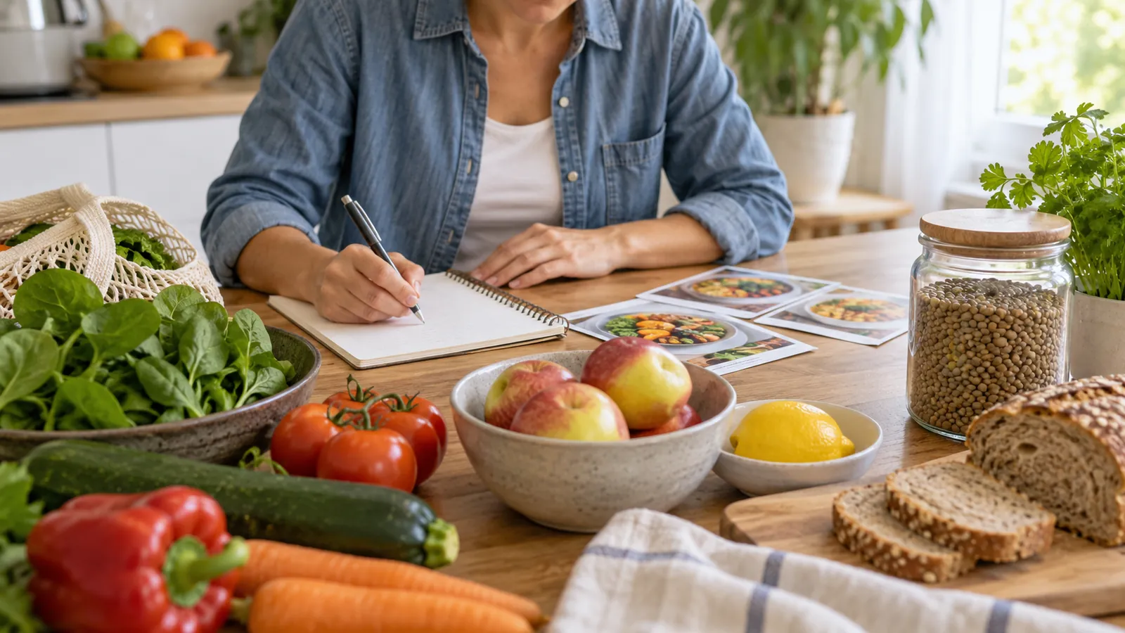 Persona anota ideas de comidas junto a frutas, verduras, legumbres y pan integral.