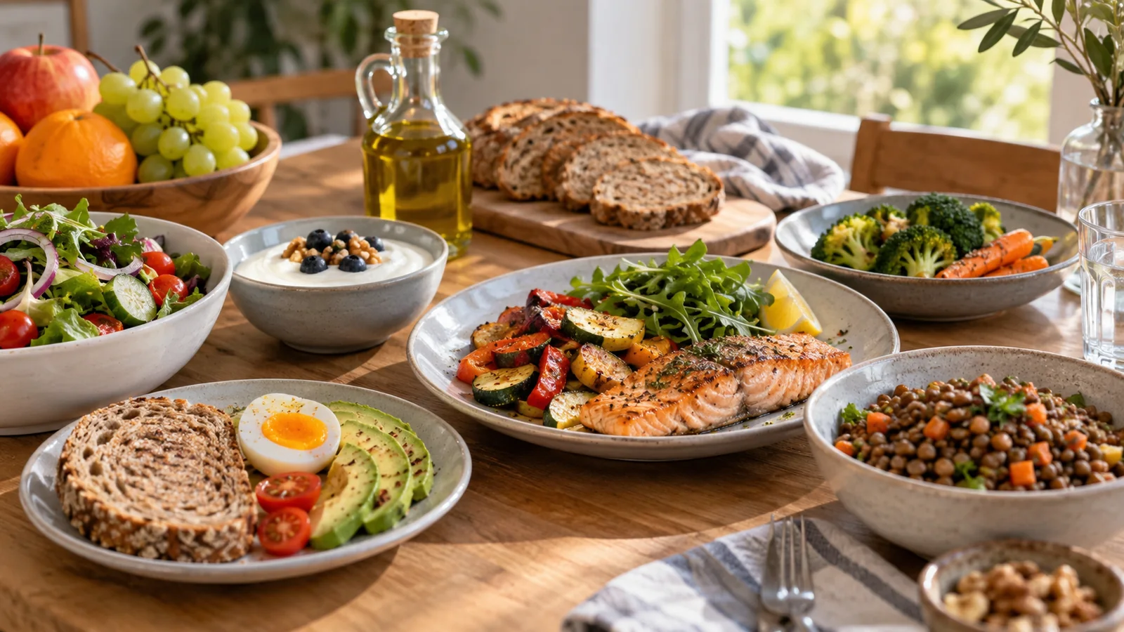 Et kjøkkenbord med salat, laks med grønnsaker, grovt brød, egg og frukt