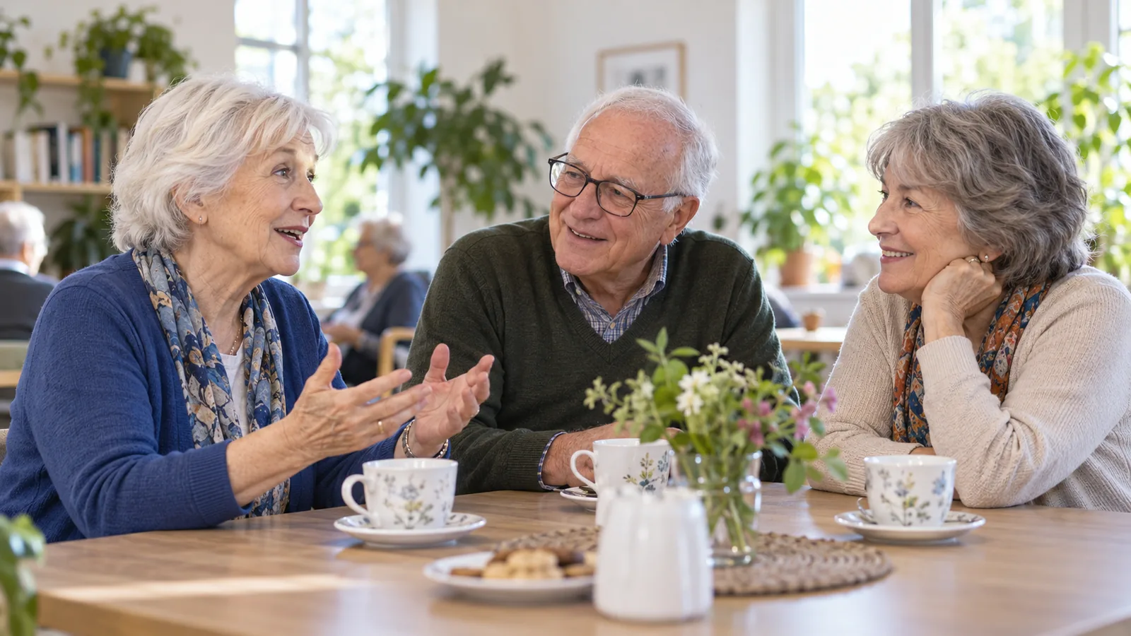 Drie oudere mensen drinken samen koffie aan tafel en praten