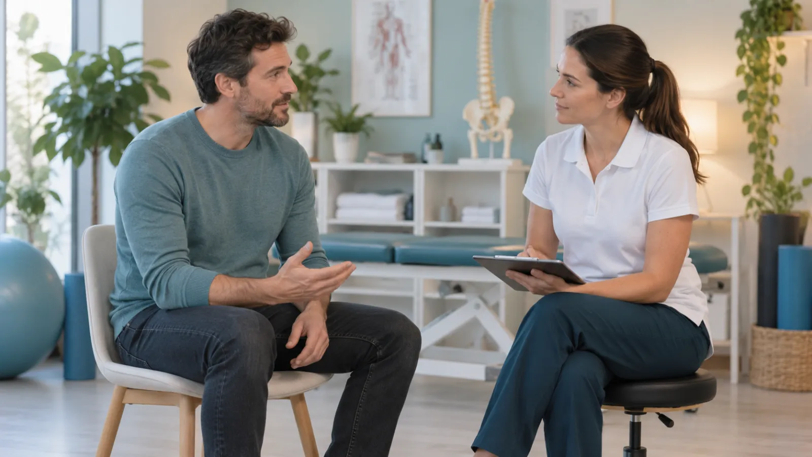 Homem explica os seus sintomas a uma fisioterapeuta