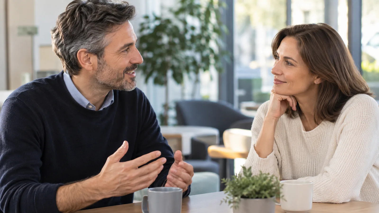 Dos adultos conversan sentados frente a frente en una mesa.