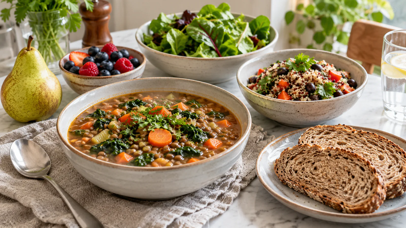 Schalen met linzenstoof, salades en volkoren crackers op tafel