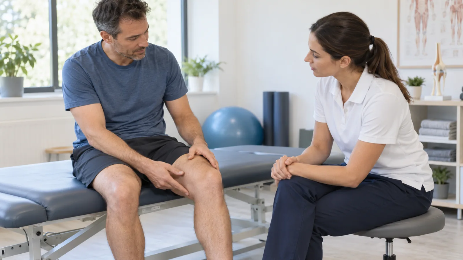 Adulto consulta a una fisioterapeuta y señala la zona interna de la rodilla.