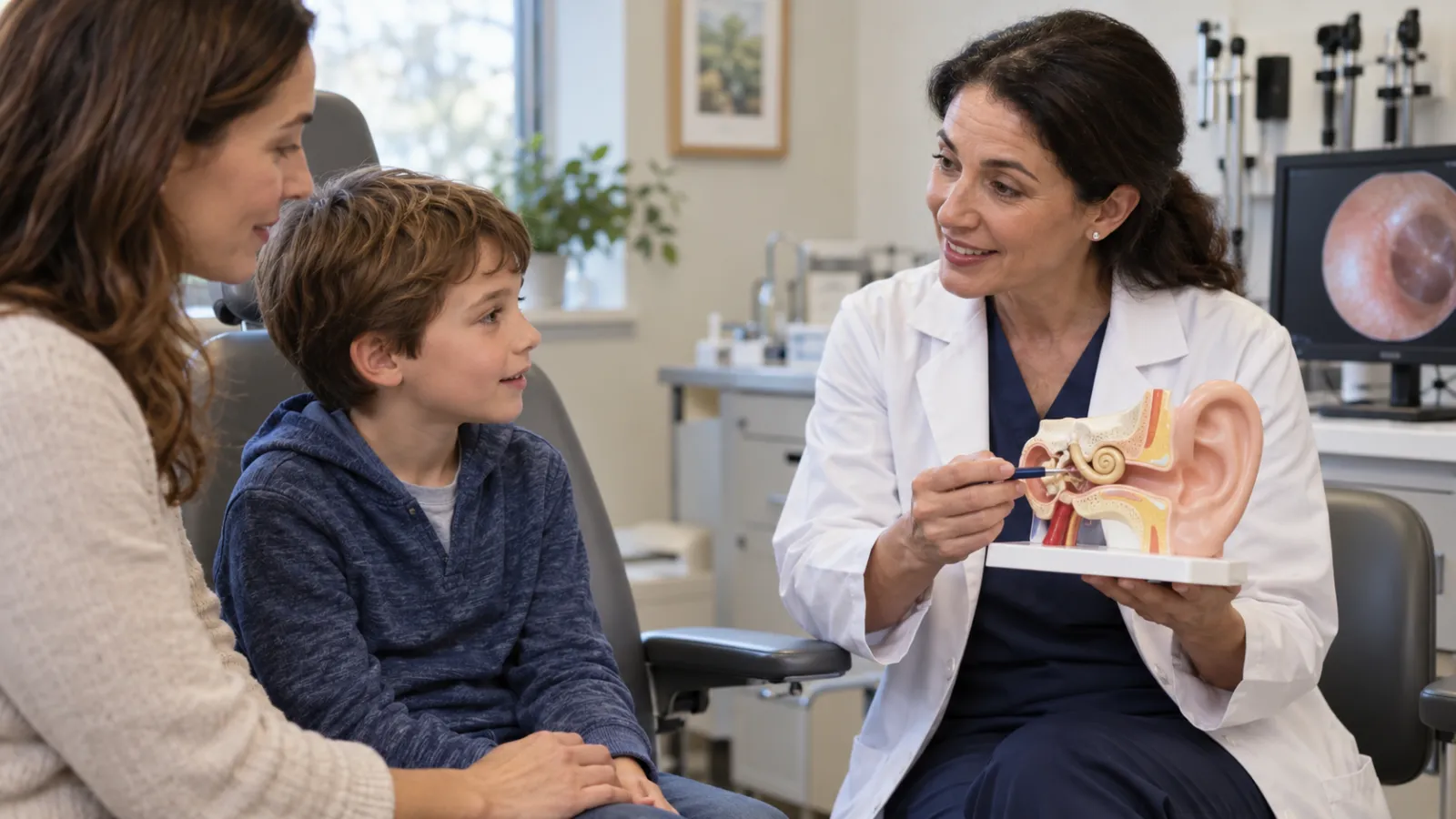 Una specialista mostra un modello anatomico dell’orecchio a un bambino e alla madre