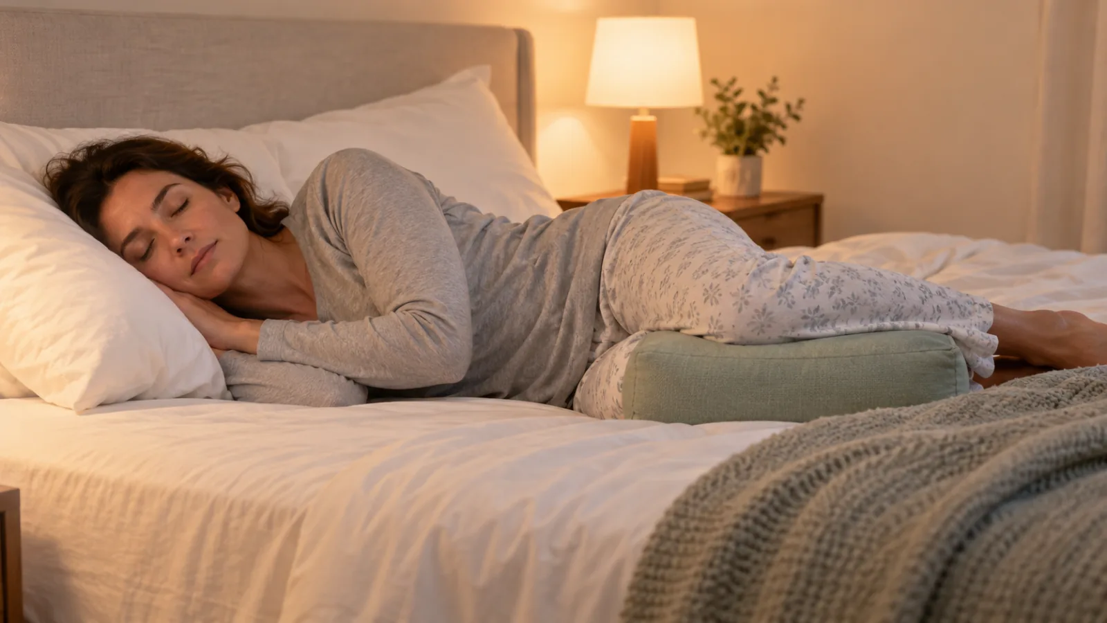 Una donna dorme sul fianco con un cuscino tra le ginocchia