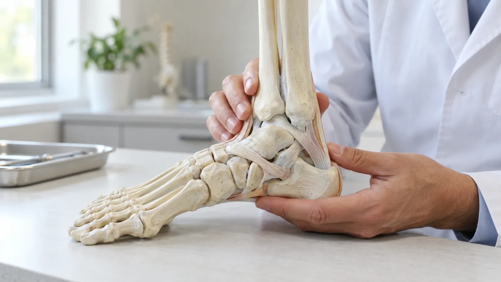 Una profesional señala los huesos y la articulación de una maqueta anatómica del tobillo.