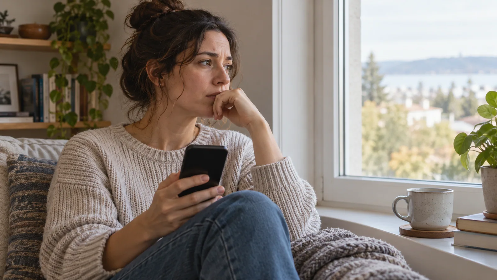 Una donna pensierosa con il telefono in mano