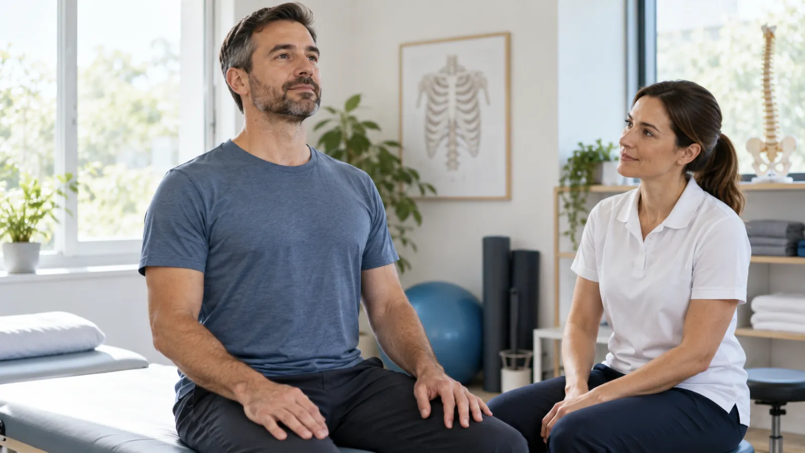 Un hombre respira con calma sentado mientras una fisioterapeuta observa.