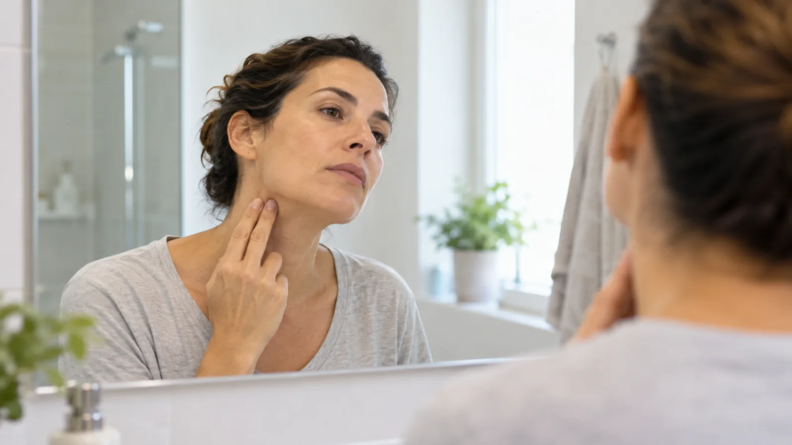 Una donna si tocca il lato del collo guardandosi allo specchio del bagno