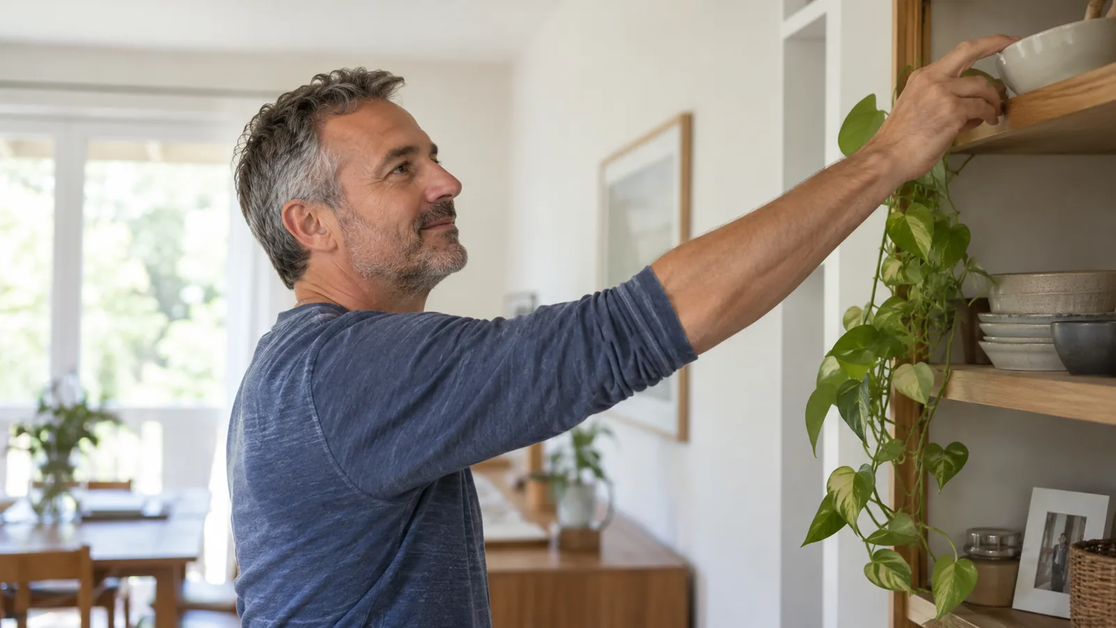 Man reikt met zijn arm naar een hoge plank