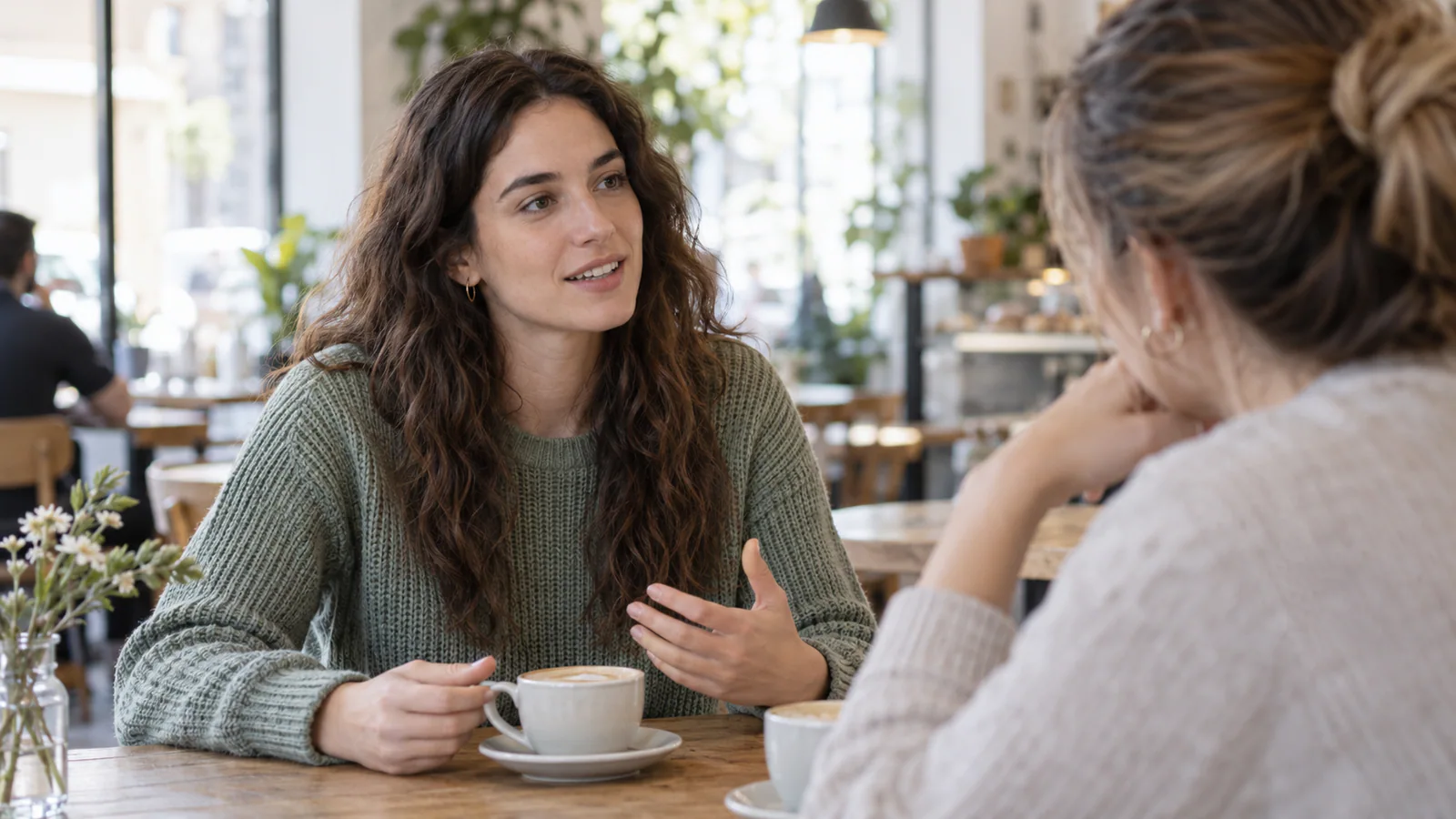 Una giovane donna parla gesticolando seduta al tavolo di un bar con un’amica