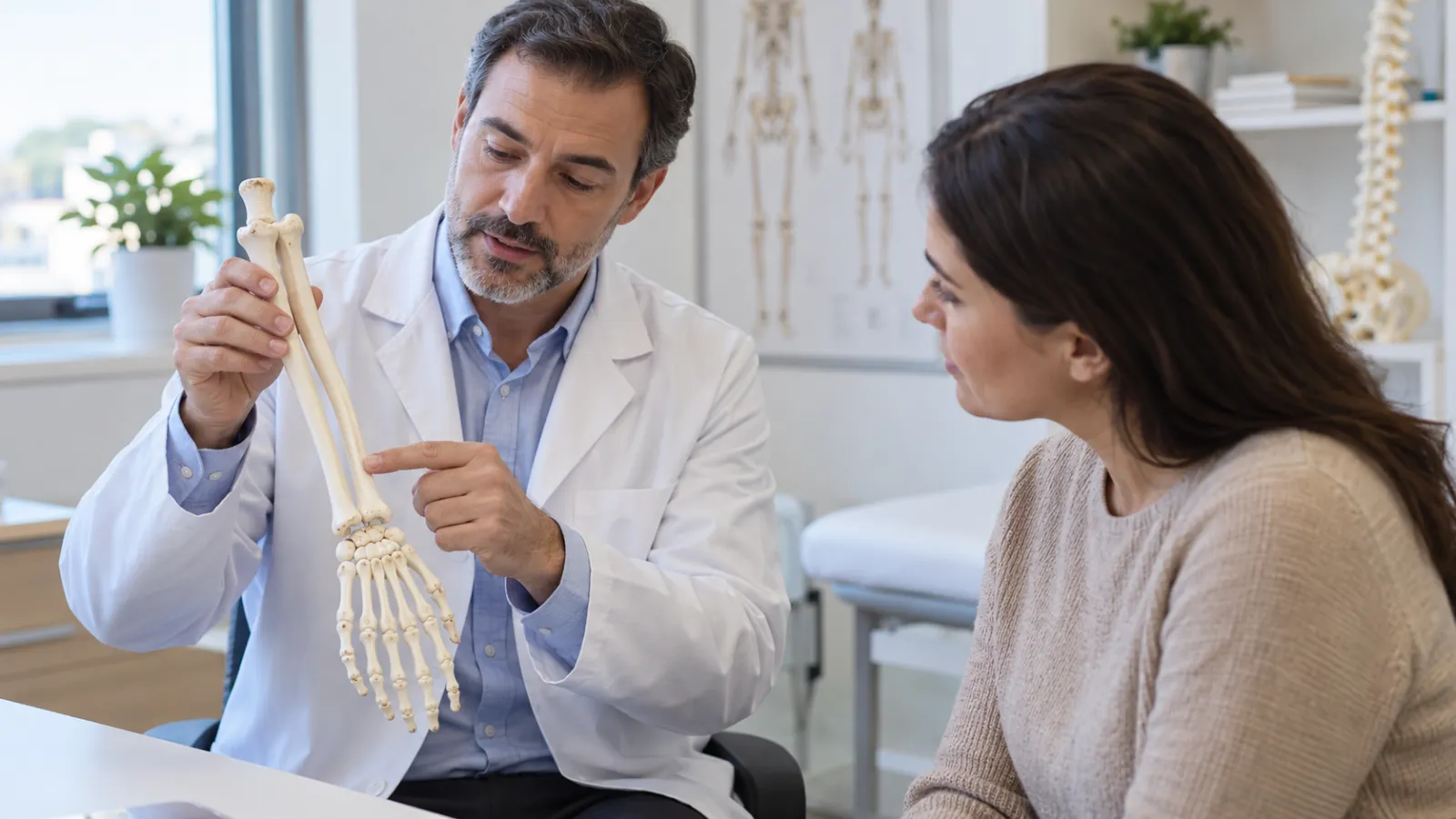Profesional sanitario muestra a una persona adulta un modelo anatómico del antebrazo.
