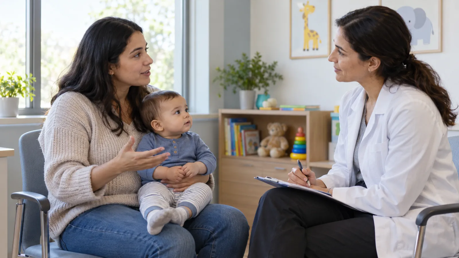Uma mãe e o bebê conversam com uma pediatra na consulta